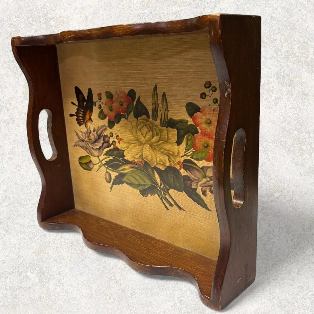 Vintage Cottage Boho Scalloped Wood Tray • Hand-Painted Floral Serving Tray